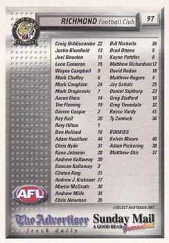 2003 Select The Advertiser-Sunday Mail AFL #97 Richmond Tigers Back